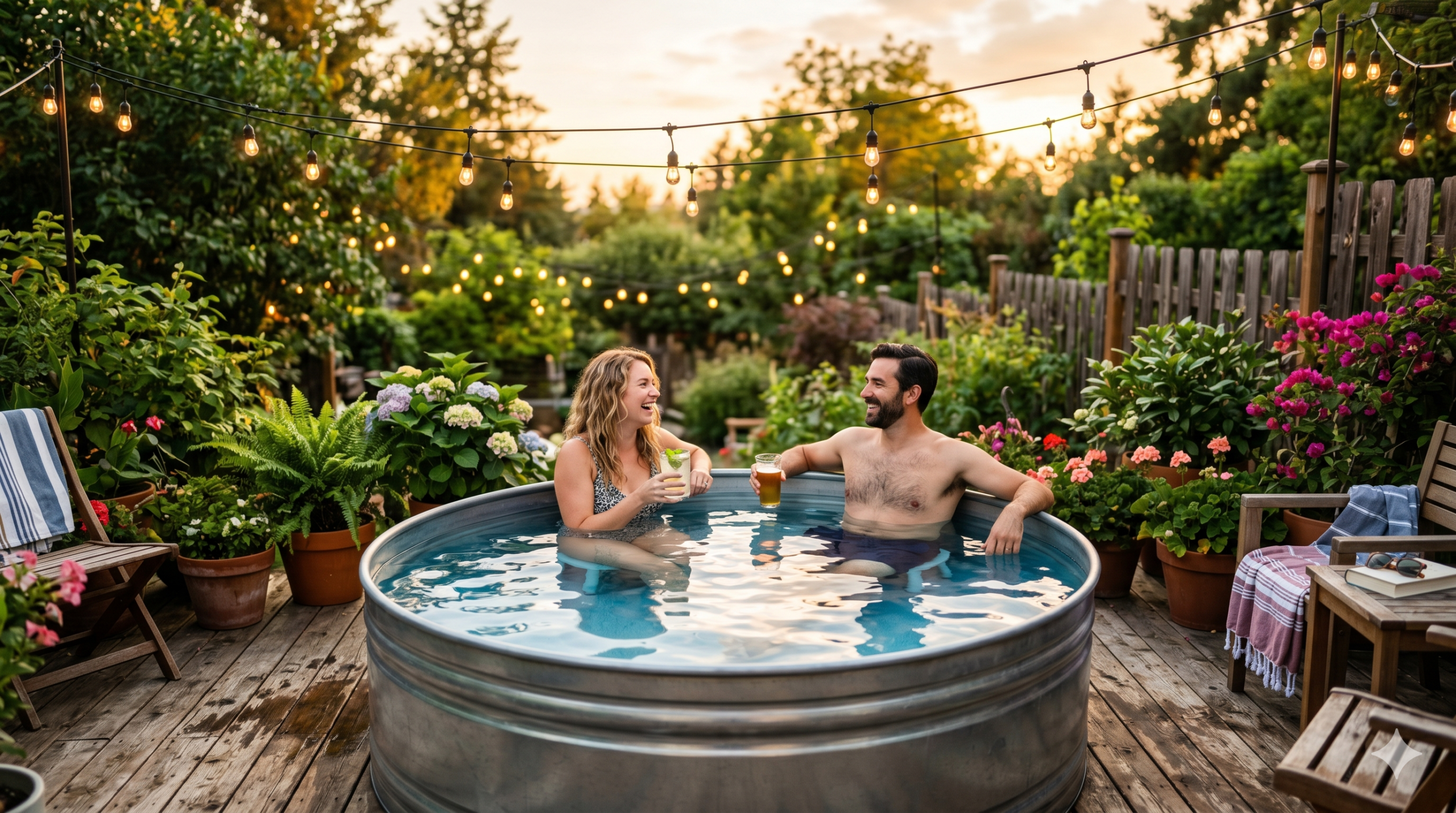DIY stock tank pool on a wooden deck with string lights at golden hour