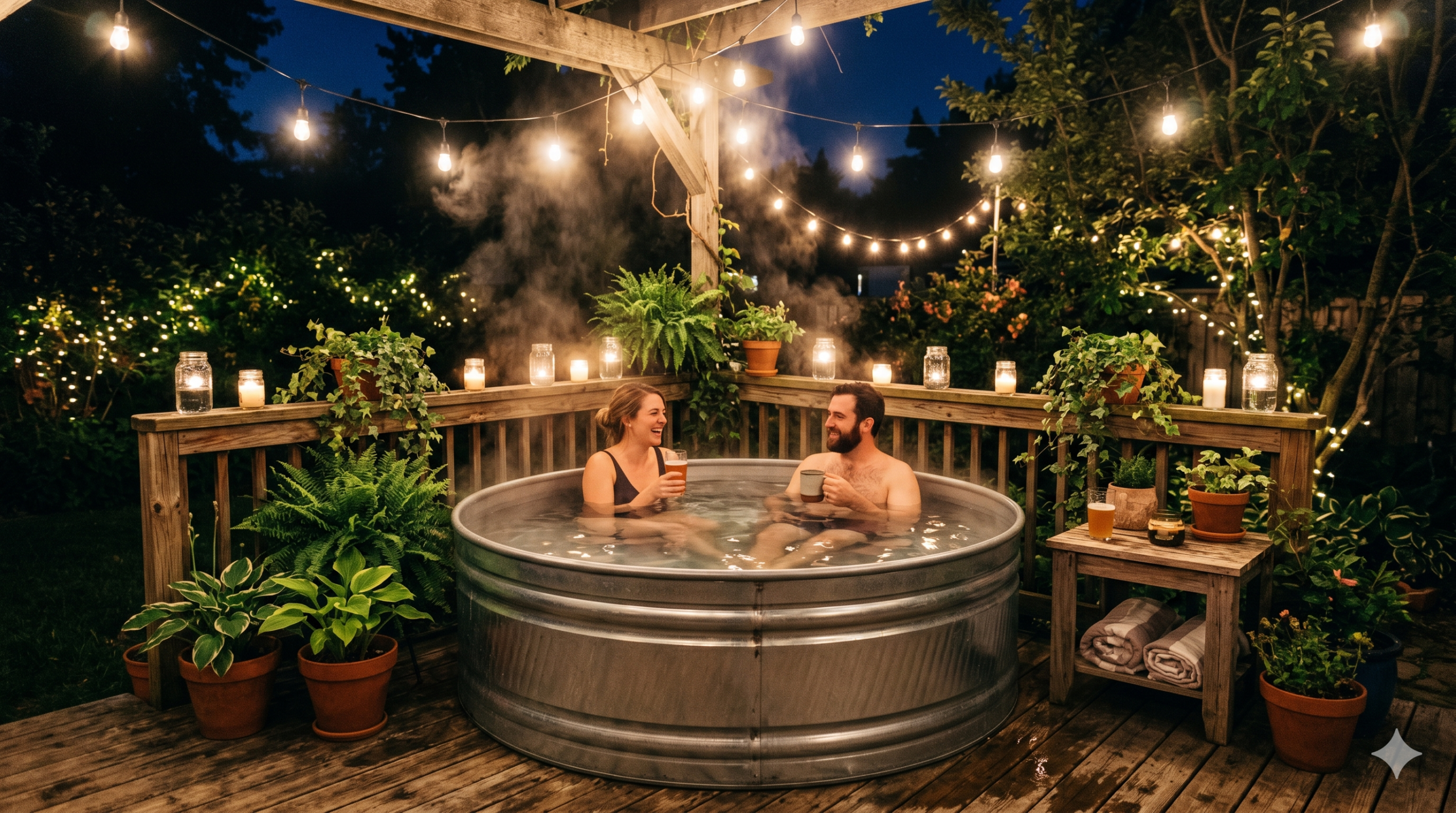 DIY stock tank hot tub on a deck at night with string lights and steam rising from the water
