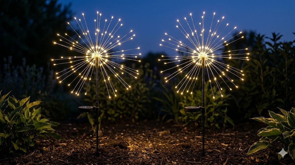 GIGALUMI solar firework starburst lights in a garden
